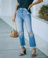 Casual Ordinary Water Washed Hole Raw Edge Denim Trousers